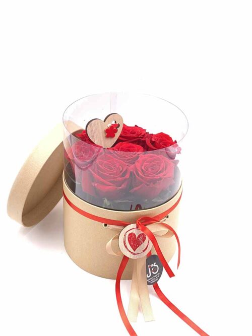 LoveBox Caja de Rosas Rojas, montada en una bonita caja de cartón 100% reciclable que contiene su esponja empapada en agua tratada con floralife para una correcta hidratación y mejor maduración de las rosas.