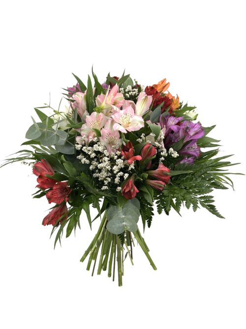 Bouquet Alstroemerias, bonito ramo con ramas de Alstroemerias variadas de colores Entregamos tu pedido floral a todos los domicilios de Terrassa, Sabadell, Sant Cugat del Valles, Rubí, Sant Quirze del Valles. Ullastrel, Viladecavalls y matadepera. Con tu mensaje personalizado en una tarjeta Gratis.